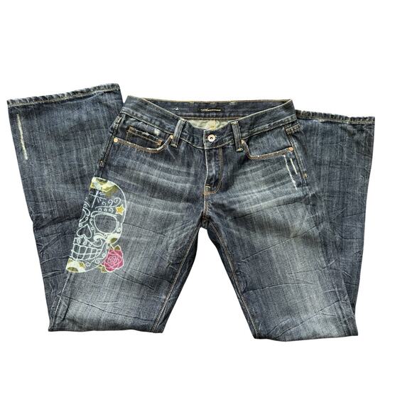 VTG Y2K 90’s Distressed Skull Grunge Goth Womens 32 Wide Leg Bootcut Denim Jeans - Picture 1 of 9